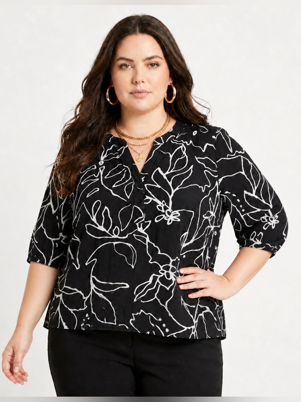 Chico's Black White Floral Print Rayon Button Front Top/3/4 Sleeve/Office/Work